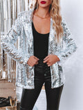 themeisles Women's Casual Jacket Wedding Party Anniversary Spring Fall Regular Coat Regular Fit Reflective Windproof Exaggerated Glamorous Glitter Glitters Jacket Long Sleeve Solid Color Sparkly Sequins Black