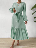 themeisles Tied Waist Split-Joint Solid Color Pleated Elasticity Puff Sleeves Loose Round-neck Midi Dresses