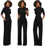 themeisles New Fashion Women's Solid Color Lapel Five-point Sleeve High Waist Wide Leg Jumpsuit