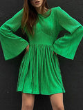 themeisles Zipper Solid Color Pleated High-Waisted Flared Sleeves A-line Round-neck Mini Dresses