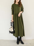 themeisles Casual Loose Long Sleeves Solid Color Round-Neck Midi Dresses