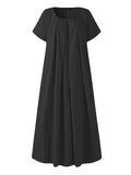 themeisles Simple Solid Color U-Neck Pleated Short Sleeves Maxi Dress