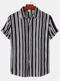 themeisles Men's Spring and Summer New Stand-up Collar Men's Striped Color Blocking Slim Popular Versatile Short-sleeved Shirt Men's