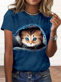 themeisles Retro Cartoon Cat Puppy Cute 3D Print Round Neck Short Sleeve T-shirt Women's S M L XL 2XL 3XL 4XL 5XL