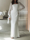 themeisles Split-Joint Solid Color See-Through Pleated Gauze Skinny Flared Sleeves Square-neck Maxi Dresses