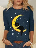 themeisles Women's Round Neck Faux Cotton Long Sleeve T-shirt Cat Print S M L XL 2LX 3XL