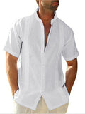 themeisles Men's Linen Shirt Button Up Shirt Casual Shirt Summer Shirt Beach Shirt Guayabera Shirt Black White Blue Short Sleeve Plain Stand Collar Summer Casual Daily Clothing Apparel