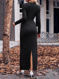 themeisles Solid Color Bowknot Long Sleeves Bodycon V-neck Maxi Dresses