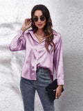 themeisles Explosive Real Shot Satin Shirt Female Satin Simulation Silk Long-sleeved Single-breasted Shirt New Straight Type Lapel Women