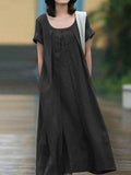 themeisles Simple Solid Color U-Neck Pleated Short Sleeves Maxi Dress