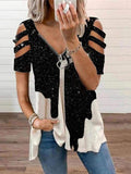 themeisles V-neck Zipper Pullover Printed Short Sleeve Loose T-shirt Women's Jacket