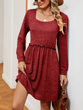 themeisles Solid Color Pleated Loose Long Sleeves Square-Neck Mini Dresses