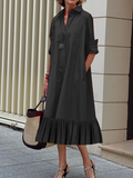 themeisles A-Line Long Sleeves Pleated Solid Color Lapel Collar Midi Dresses