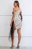 themeisles Zebra Print Rhinestone Slit Single Shoulder Dress