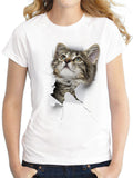 themeisles White T-shirt Cat Print Short Sleeve Loose Ladies Top S M L XL 2XL 3XL 4XL