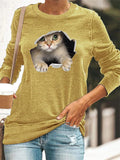 themeisles Women's Cat Digital Print Pullover Tops Casual Loose Round Neck Long Sleeve T-shirt Black Yellow