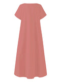 themeisles Simple Solid Color U-Neck Pleated Short Sleeves Maxi Dress