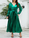 themeisles Tied Waist Solid Color Pleated Elasticity Bronzing Puff Sleeves Loose V-Neck Midi Dresses