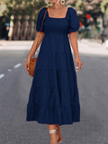 themeisles Split-Joint Solid Color Pleated Elasticity Short Sleeves High Waisted Square-neck Midi Dresses