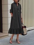 themeisles A-Line Long Sleeves Pleated Solid Color Lapel Collar Midi Dresses