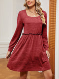 themeisles Solid Color Pleated Loose Long Sleeves Square-Neck Mini Dresses