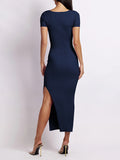 themeisles Split-side Solid Color Skinny Short Sleeves Round-neck Midi Dresses