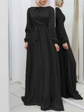 themeisles Tied Waist Solid Color Pleated Loose Long Sleeves Maxi Dresses