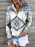 themeisles Women's Hoodie Sweatshirt Pullover Basic Ethnic Zipper Front Pocket Light Yellow Creamy-white Red-brown Geometric Tribal Street Hoodie Long Sleeve S M L XL 2XL 3XL