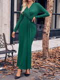 themeisles Solid Color Bowknot Long Sleeves Bodycon V-neck Maxi Dresses