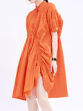 themeisles Solid Color Pleated Asymmetric Short Sleeves Loose Stand Collar Shirt Dress Mini Dresses