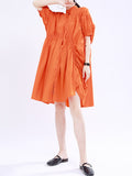 themeisles Solid Color Pleated Asymmetric Short Sleeves Loose Stand Collar Shirt Dress Mini Dresses