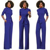 themeisles New Fashion Women's Solid Color Lapel Five-point Sleeve High Waist Wide Leg Jumpsuit