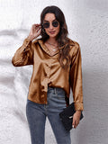 themeisles Explosive Real Shot Satin Shirt Female Satin Simulation Silk Long-sleeved Single-breasted Shirt New Straight Type Lapel Women