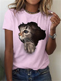 themeisles Summer Animal Kitten Print Short-sleeved Round Neck T-shirt Women's Pink White Yellow Black