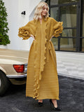 themeisles Original Loose Long Sleeves Tied Pleated Falbala Solid Color V-Neck Maxi Dresses