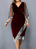 themeisles Golden Velvet Temperament Elegant V-neck Irregular Sequin See-through Mesh Ladies Dresses