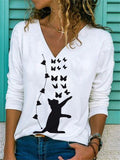 themeisles V-neck White Long-sleeved Cat Pattern Casual Tops for Women