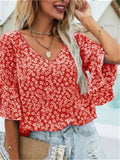 themeisles New Fashion Women's Summer Floral V-neck Chiffon Shirt Ruffle Sleeve Three-quarter Sleeve Temperament Elegant Loose Pullover T-shirt