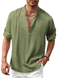 themeisles Men's Linen Shirt Stand-up Collar Long-sleeved Casual Beach Shirt Solid Color S M L XL 2XL