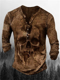 themeisles Men's Henley Shirt T shirt Tee Graphic Skull Henley Army Green Khaki Brown Gray Plus Size Street Casual Long Sleeve Button-Down Print Clothing Apparel Basic Vintage Casual Classic