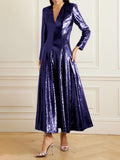 themeisles Solid Color Sequined Long Sleeves A-line V-neck Maxi Dresses