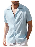 themeisles Men's Loose Simple Solid Color Lapel Casual Linen Shirt Short-sleeved Beach Shirt