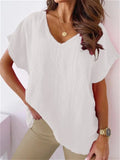 themeisles Summer Solid Color Cotton Linen Short-sleeved V-neck Shirt T-shirt Women