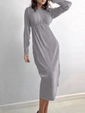 themeisles Solid Color Pleated Hollow Backless Loose Long Sleeves Round-Neck Midi Dresses