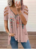 themeisles V-neck Zipper Pullover Printed Short Sleeve Loose T-shirt Women's Jacket