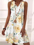 themeisles Summer Loose Comfortable Casual V-neck Sheath Sleeveless Plant Floral Print Mid-length A-line Dress Elegant Wind Dress