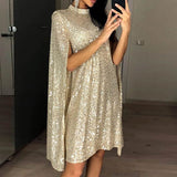 themeisles Women's Party Dress Sequin Dress Short Mini Dress Silver Gold Sleeveless Pure Color Sequins Split Spring Fall Crew Neck Party Stylish Elegant Party