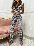 themeisles Women's Jumpsuit Button Houndstooth V Neck Business Office Work Regular Fit Sleeveless White Blue Khaki S M L Spring