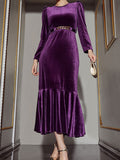 themeisles Zipper Solid Color Belted Wrap Mermaid Round-Neck Midi Dresses