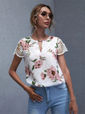 themeisles Explosive Summer New Round Neck Lace Shoulder Sleeve Floral Print White Short-sleeved Comfortable Casual T-shirt Female